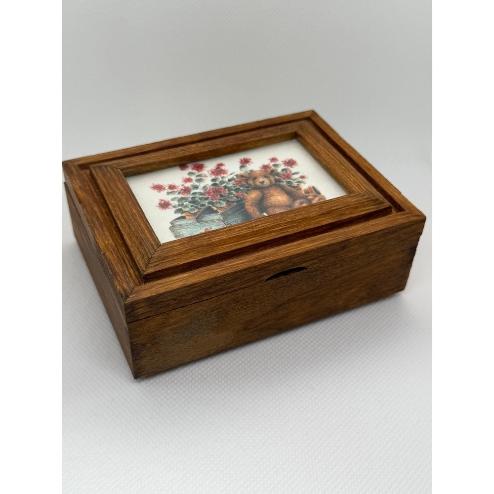 Vintage Teddy Bear Wood Keepsake Box Framed Lid Jewelry Box